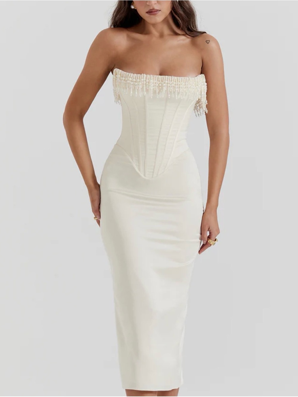 Strapless Cream Midi Dress with Corset Detail